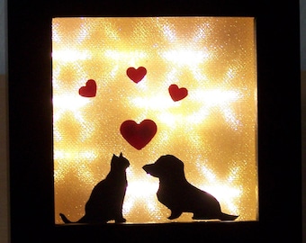 Bilderrahmen beleuchtet Hund und Katze / Dackel und Katze 12x12 cm