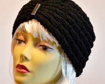 Gestrickte  Damenmütze, Turbanmütze, elegante Mütze, schwarz