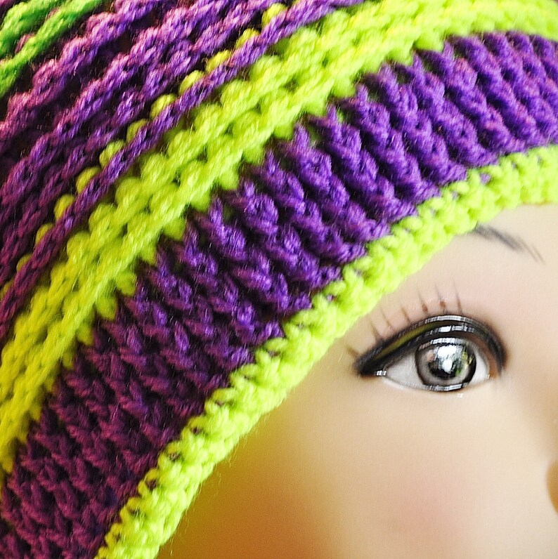 Chapeau de chignon, bonnet en queue de cheval, violet, vert, capuchon en crochet image 3