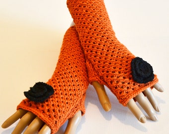 Armstulpen "Bella", gestrickt, dunkelorange, schwarz, Terracotta