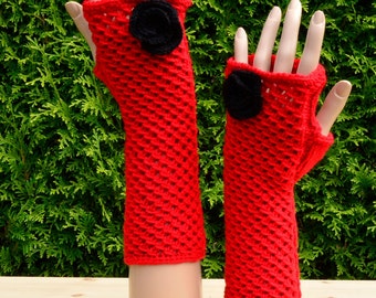 Armstulpen "Bella", gestrickt, rot, schwarz