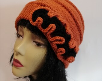 Gestrickte Damenmütze "Linda", orange, schwarz