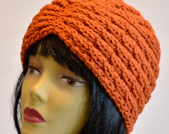 Gestrickte  Damenmütze, Turbanmütze, elegante Mütze, kupfer, dunkelorange