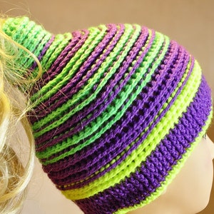 Chapeau de chignon, bonnet en queue de cheval, violet, vert, capuchon en crochet image 2