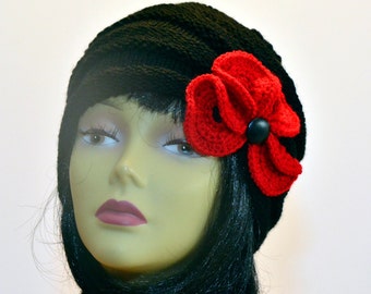Bonnet tricoté pour femme "Lolita" en noir et rouge