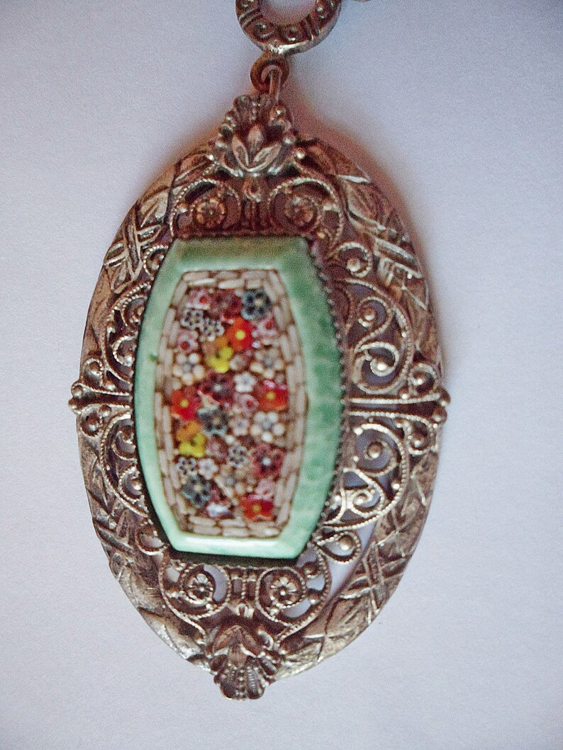 Antique micro Mosaic Filigree Pendant Necklace