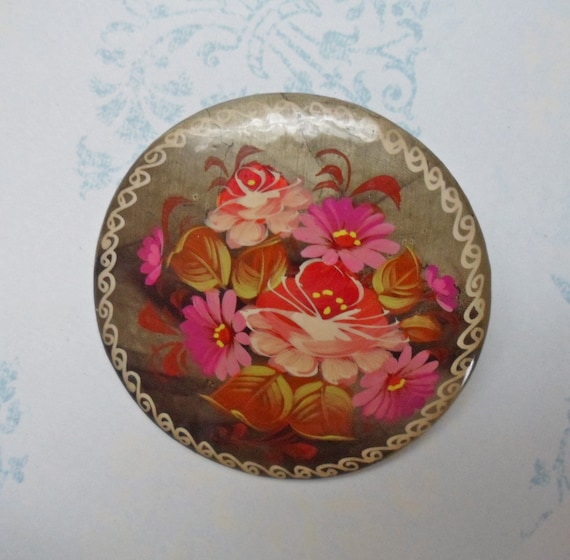 Vintage Russian Handpainted Black Lacquer 2" Brooc