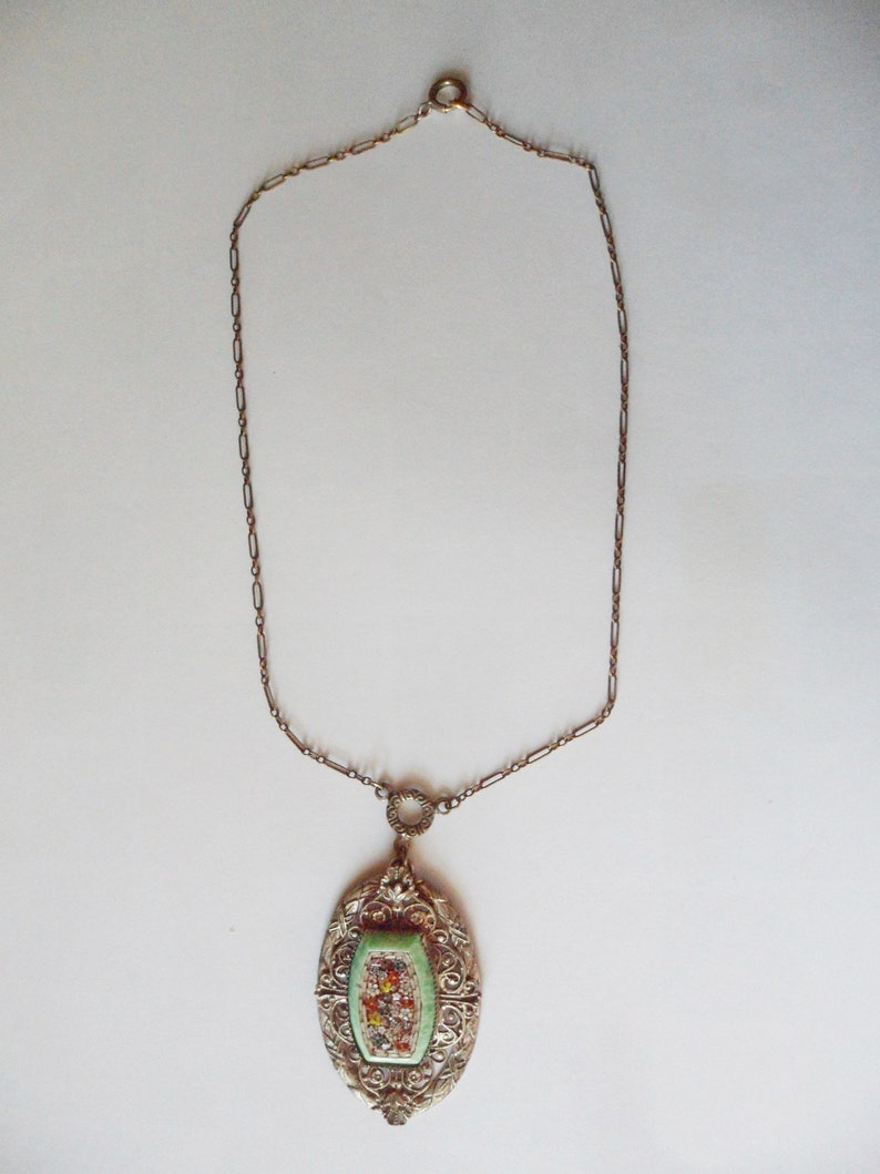 Antique micro Mosaic Filigree Pendant Necklace