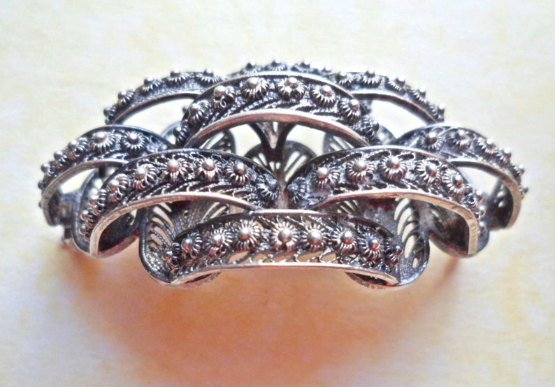 Antique Edwardian Silver Filigree 3D Art Deco Brooch Sash Pin