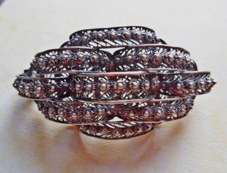 Antique Edwardian Silver Filigree 3D Art Deco Brooch Sash Pin