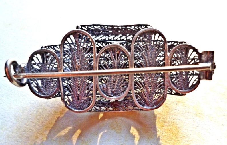 Antique Edwardian Silver Filigree 3D Art Deco Brooch Sash Pin