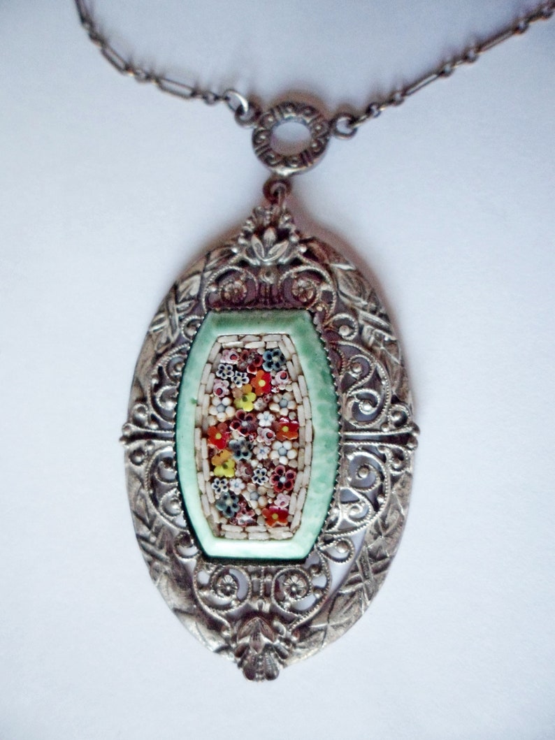 Antique micro Mosaic Filigree Pendant Necklace