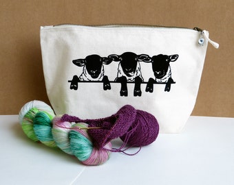 Project bag, craft bag for on the go, knitting bag, Three Sheep, Knitting Project bag