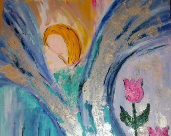 Engelbild Schutz-Engel mit Tulpen - Acryl