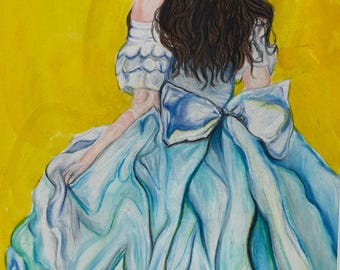 Original Mixed Media Art | Blue Ballgown Drawing | Colored Pencil India Ink | Fashion Art | Feminine Wall Art | Dress Painting