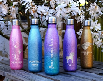 Personalised Glitter Water Bottle | Galaxy, Marble, Wood Pattern Insulated Bottle | Laser Engraved Custom Design | Hot & Cold Thermos Flask