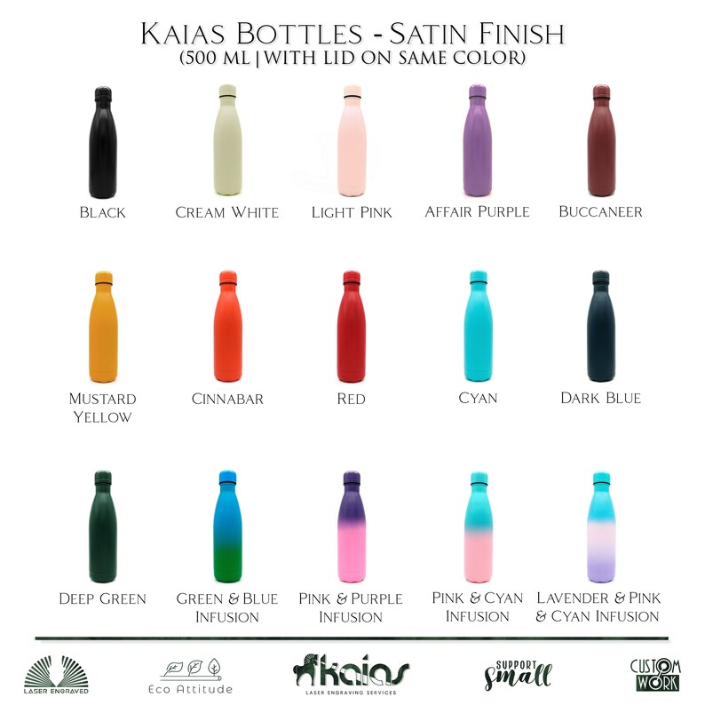 May include: A collection of satin finish water bottles in various colors, including black, cream white, light pink, affair purple, and buccaneer. The bottles are labeled with their color names and have a 500 ml capacity. Additional colors include mustard yellow, cinnabar, red, cyan, and dark blue.