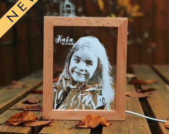 Acrylic LED Light on Wood Frame - Personalised LED Lamp - Laser Engraved - Customized - Night Kids Lamp - Photo Frame - Portrait Lamp