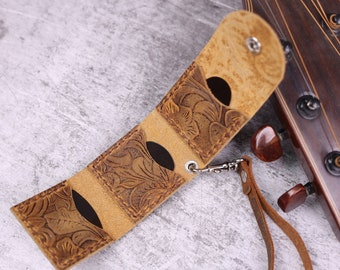 Personalized embossed leather guitar pick holder case with wristlet, unique gifts for the guitar player brown #BP2