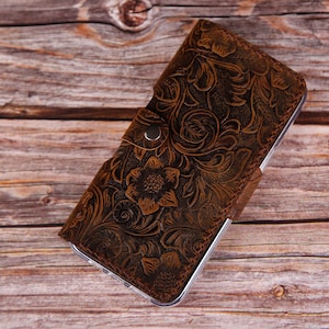 Funda de cuero repujado para iPhone 16e/15 Pro Max/15 Plus/14 Pro Max/14 Plus 13 Pro Max, 12 Pro, billetera de cuero, cuero real personalizado gratis, hecho a mano #