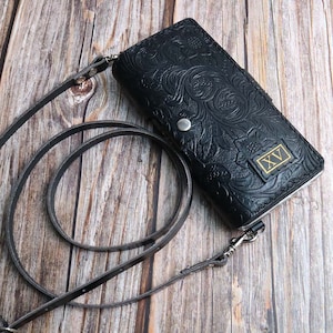 Genuine Women Tooled Leather iPhone 15 / 15 Pro Max / 14 Plus / 13 /13 Pro  Max / 13 Mini / SE / 12 / 12 Pro Max Wallet Case brown Pattern 