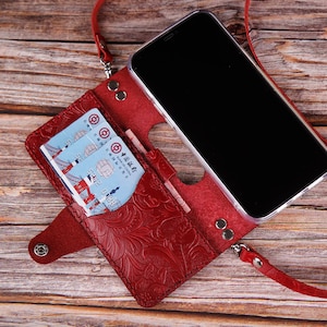 Funda de cuero tipo billetera con correa cruzada y soporte para mano para iPhone 16e 15 Pro Max 15 Plus 14 Pro Max 13 Pro Max 13 Pro y 15 Monograma cosido a mano