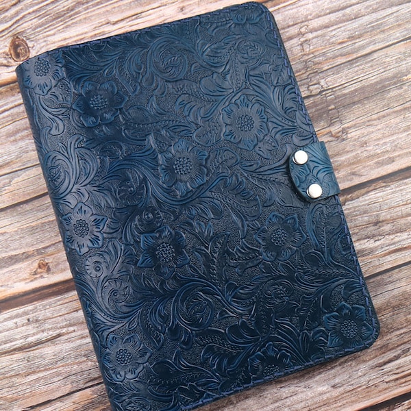 Book Style Leather case Galaxy Tab Active5,S9 FE+,A9,A9+,Tab S8 Ultra/S8+/S9/S7 FE case All Generation Custom Tooled Embossed leather Blue