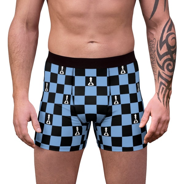Men's Boxer Briefs Underwear Light Blue and Black Checker  (Buenos New Chess)