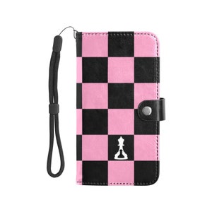 Capa flip de couro para telefone xadrez preto e rosa (Buenos New Chess)