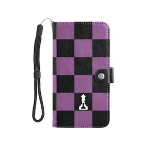 Capa flip de couro para telefone xadrez preto e roxo (Buenos New Chess)