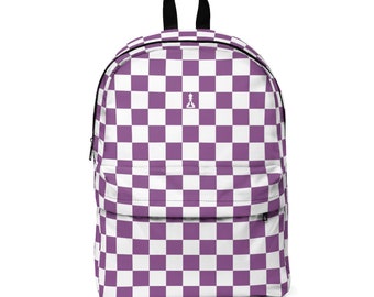 Nylon School Book Bag Travel Backpack Purple and White Checker  (Buenos New Chess)