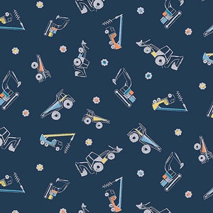 Dear Stella Get Loaded Heavy Metal in Peacock Navy Construction Trucks Cotton Fabric by 1/2 Yard