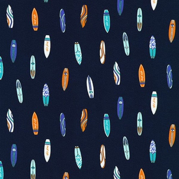 Robert Kaufman Fabrics Pleasures and Pastimes Surfboards on Navy Blue Cotton Fabric by 1/2 Yard