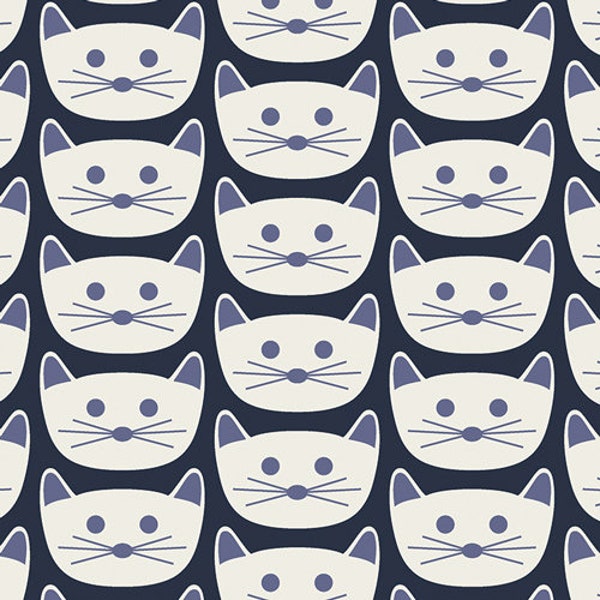 Art Gallery Fabrics Cat Nap District Navy Cotton Fabric by 1/2 Yard
