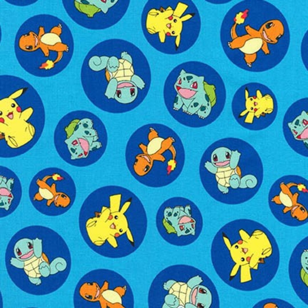 Robert Kaufman Fabrics Pokemon Starters on Blue Cotton Fabric by 1/2