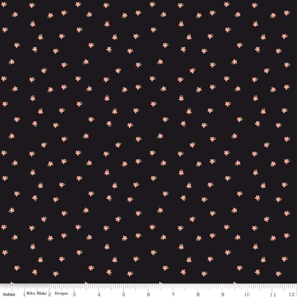 Riley Blake Modern Farmhouse Mini Floral Rose Gold on Black Cotton Fabric by 1/2 Yard