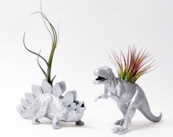 Silver Dino Planters, Dino Duo, Air Plants, Dinosaur Planters, Unique Gifts, Secret Santa, Dinosaur Decor, Christmas Gifts