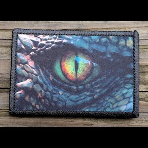 May include: Rectangular patch featuring a close-up of a dragon's eye. The eye has a green, orange, and yellow iris with a black slit pupil. The surrounding scales are blue and the patch has a black border.