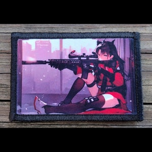 May include: A rectangular patch with a black border features an anime-style illustration of a person in red and black attire aiming a rifle. The background shows a cityscape in shades of purple and white.