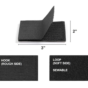 Puede incluir: Cierre de velcro negro, de 7,6 cm de largo y 5,1 cm de ancho, con el lado de gancho levantado para mostrar el lado de bucle. El lado de gancho est&aacute; etiquetado como "HOOK (ROUGH SIDE)" y el lado de bucle como "LOOP (SOFT SIDE) SEWABLE".