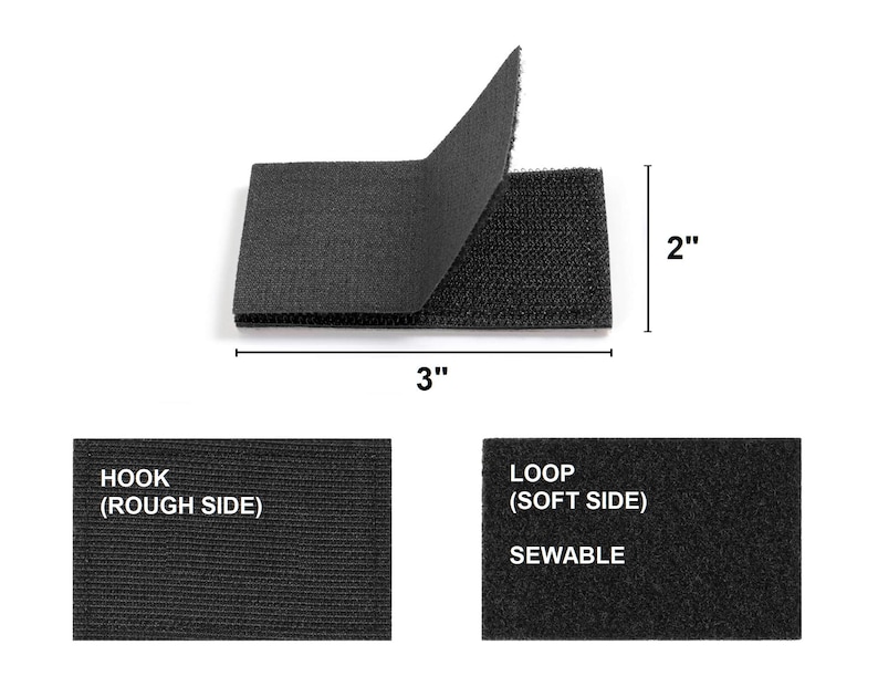 Puede incluir: Cierre de velcro negro, de 7,6 cm de largo y 5,1 cm de ancho, con el lado de gancho levantado para mostrar el lado de bucle. El lado de gancho est&aacute; etiquetado como "HOOK (ROUGH SIDE)" y el lado de bucle como "LOOP (SOFT SIDE) SEWABLE".