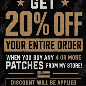 Puede incluir: Fondo negro con texto blanco y beige. El texto dice "OBT&Eacute;N UN 20% DE DESCUENTO EN TODO TU PEDIDO" y "&iexcl;CUANDO COMPRAS 4 O M&Aacute;S PARCHES DE MI TIENDA!" Tambi&eacute;n se incluye una bandera americana.
