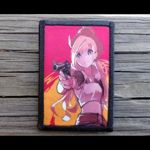 May include: Rectangular patch featuring an anime-style cowgirl with blonde hair, wearing a brown hat and holding a revolver. The background is a gradient of red and orange. The patch has a black border.