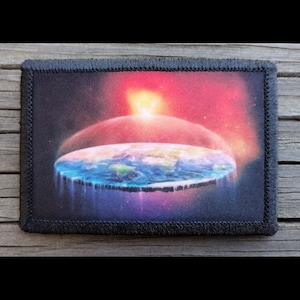 May include: Rectangular patch featuring a flat Earth design. The image shows a flat Earth with a dome, set against a backdrop of a red and orange sky. The patch has a black border with stitched edges.