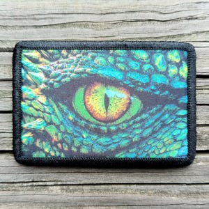 May include: A rectangular patch featuring a detailed graphic print of a reptilian eye with a vertical pupil. The iris displays vibrant shades of yellow, orange, and green, surrounded by textured, iridescent blue and green scales with black stitching.