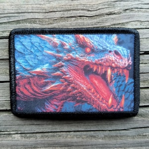 May include: A rectangular patch featuring a detailed graphic of a dragon head with scales in shades of blue and red. The dragon has a wide-open mouth with visible sharp teeth, a glowing red eye, and a black stitched border around the entire edge.
