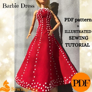 Doll Evening Long Dress sewing pattern, 12'' doll embroidered Outfit Sewing Pattern PDF
