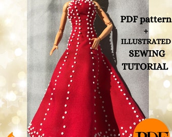 12'' Doll Evening Long Dress Outfit Sewing Pattern PDF