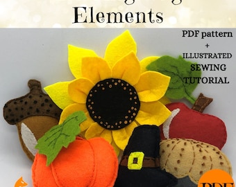 Thanksgiving Felt Decor Elements Sewing Patterns PDF Fall For Bunting, Wall Hanging Or Wreath, Felt food flower pattern