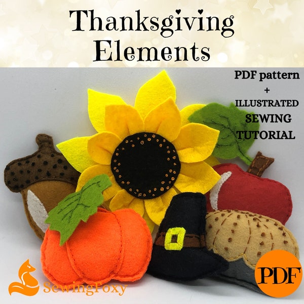 Thanksgiving Felt Decor Elements Sewing Patterns PDF Fall For Bunting, Wall Hanging Or Wreath, Felt food flower pattern